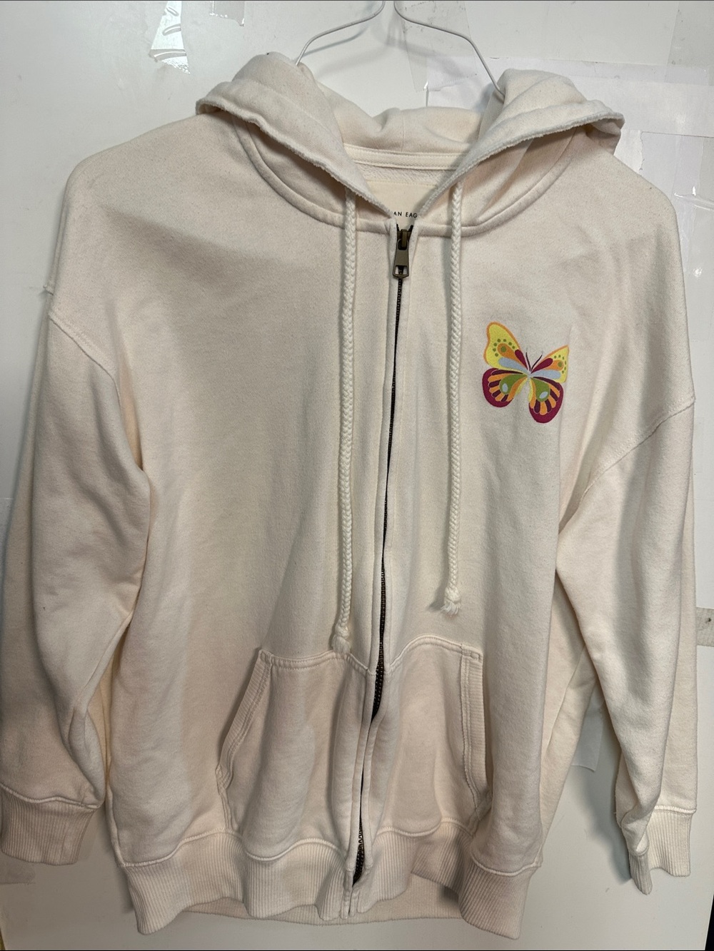 American Eagle Outfitters Cream Zip Hoodie with Colorful Butterfly XS